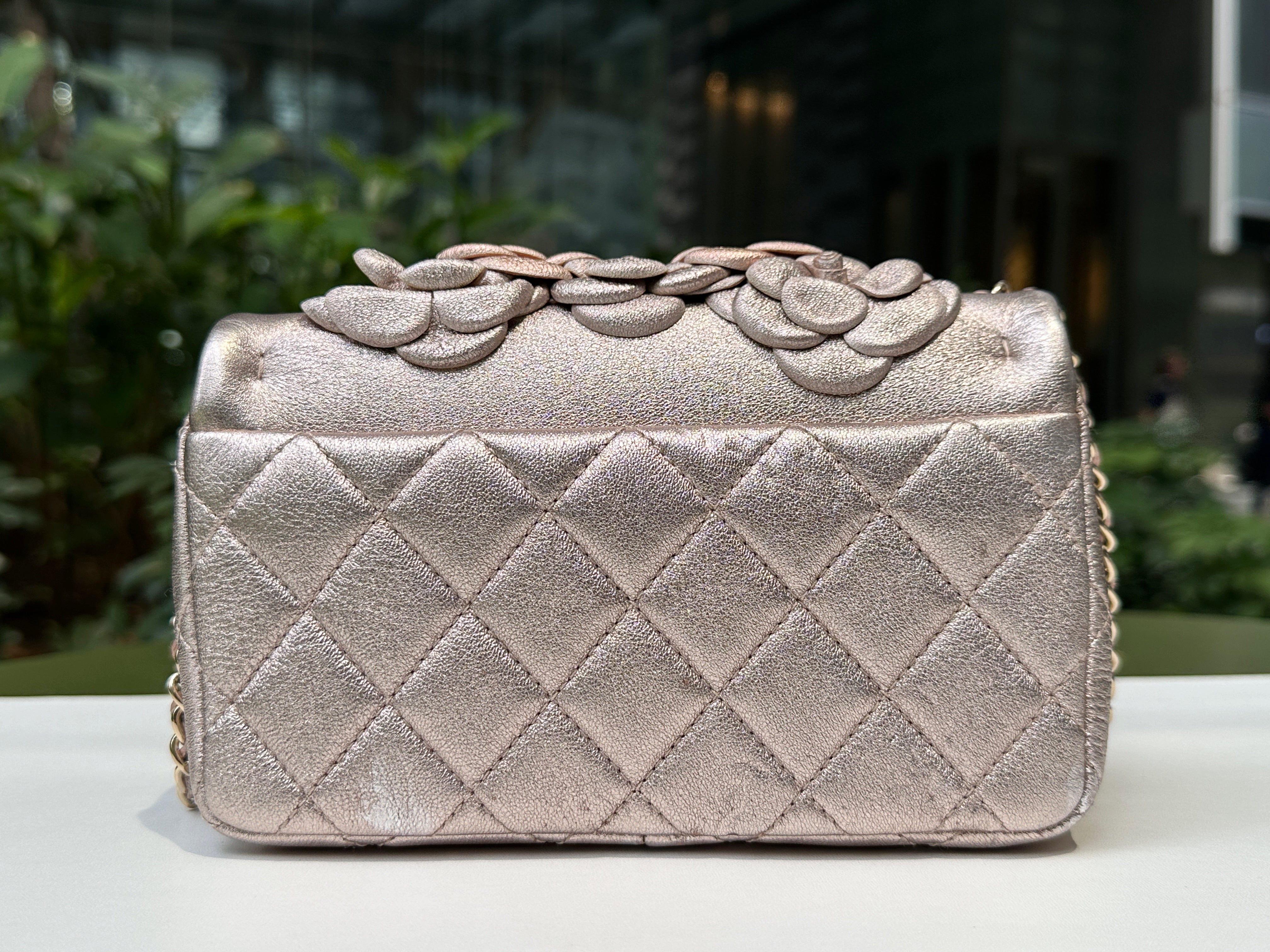 Chanel Camellia Mini Metallic Rose Gold/Pink Lambskin Gold Hardware 2078 holo card