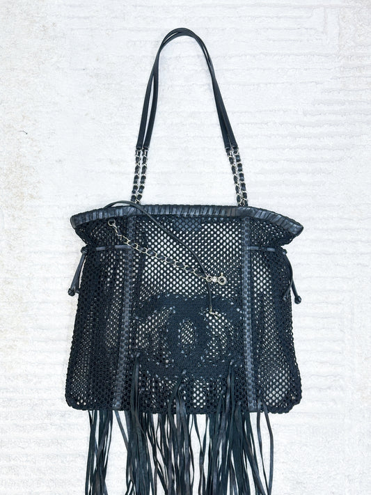 Chanel Limited Edition Resort 2011 Black Fringe Mesh Tote Bag 1373 holo card