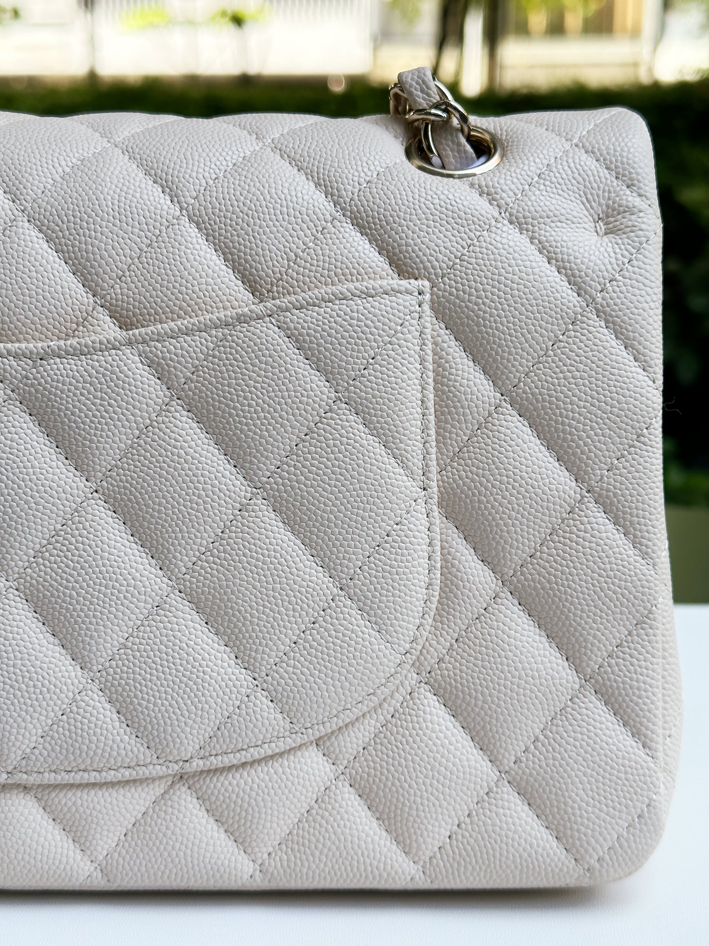 Chanel Medium Caviar Classic Quilted Double Flap Ivory Light Beige Bag LGHW