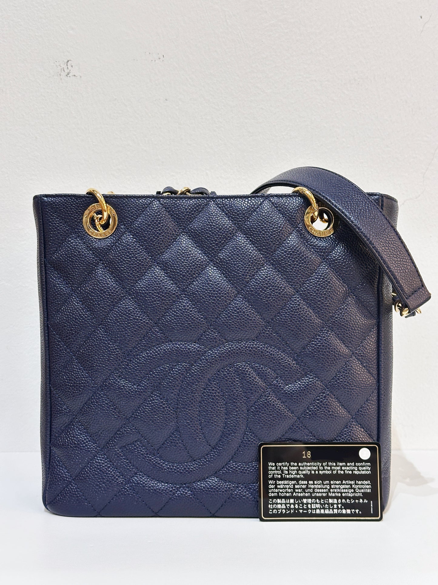 Chanel Caviar Quilted Petit Shopping Tote PST Navy Blue 1898 holo card