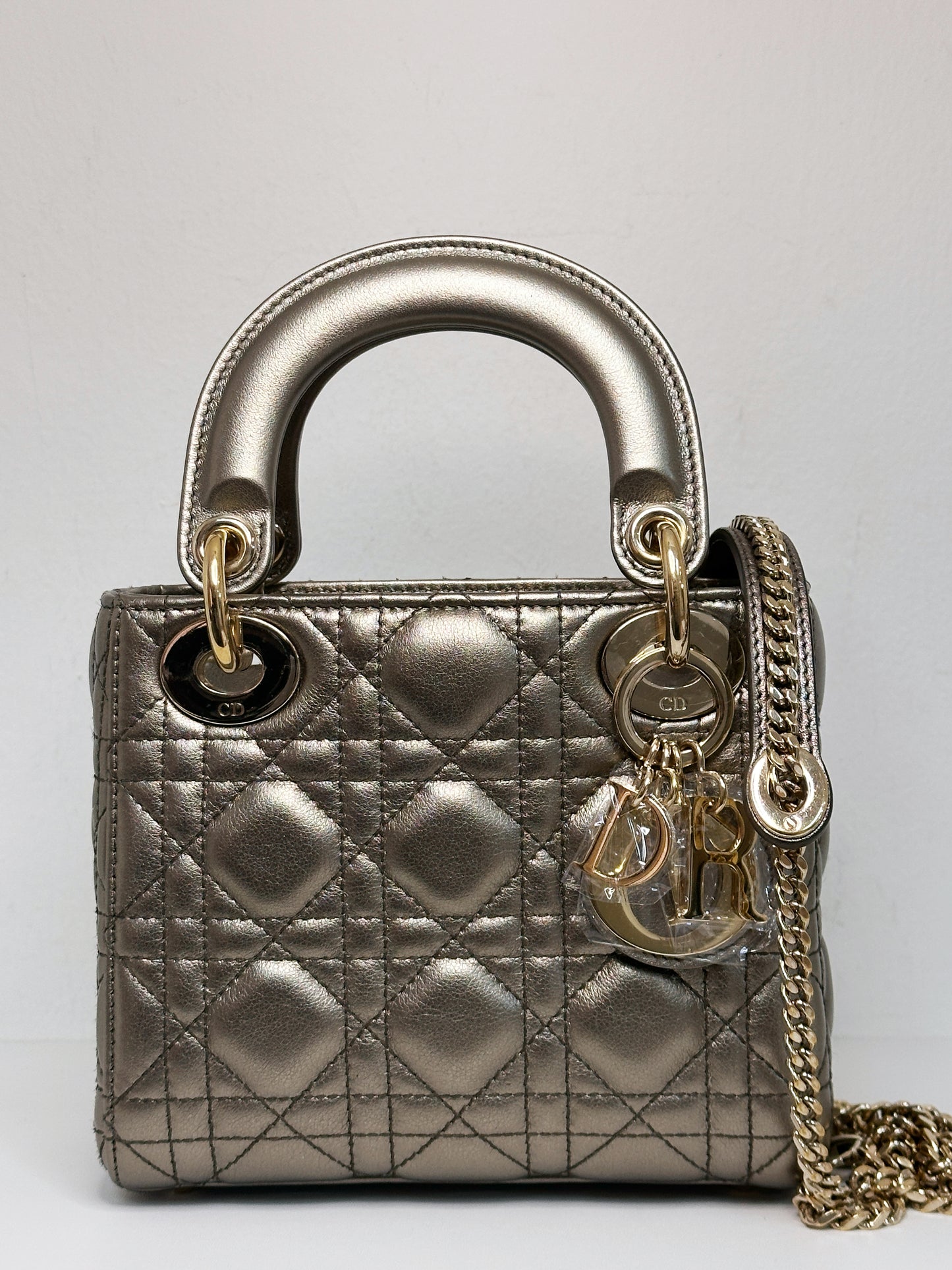 CHRISTIAN DIOR LADY MINI CALFSKIN CANNAGE BRONZE METALLIC GOLDEN HARDWARE CHAIN STRAP