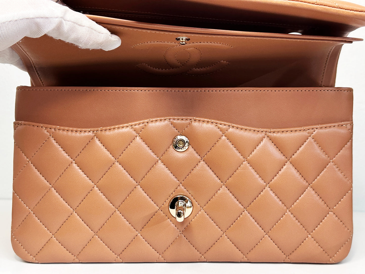 Chanel 21P Caramel Medium Lambskin Classic Double Flap Bag LGHW 3102 holo card