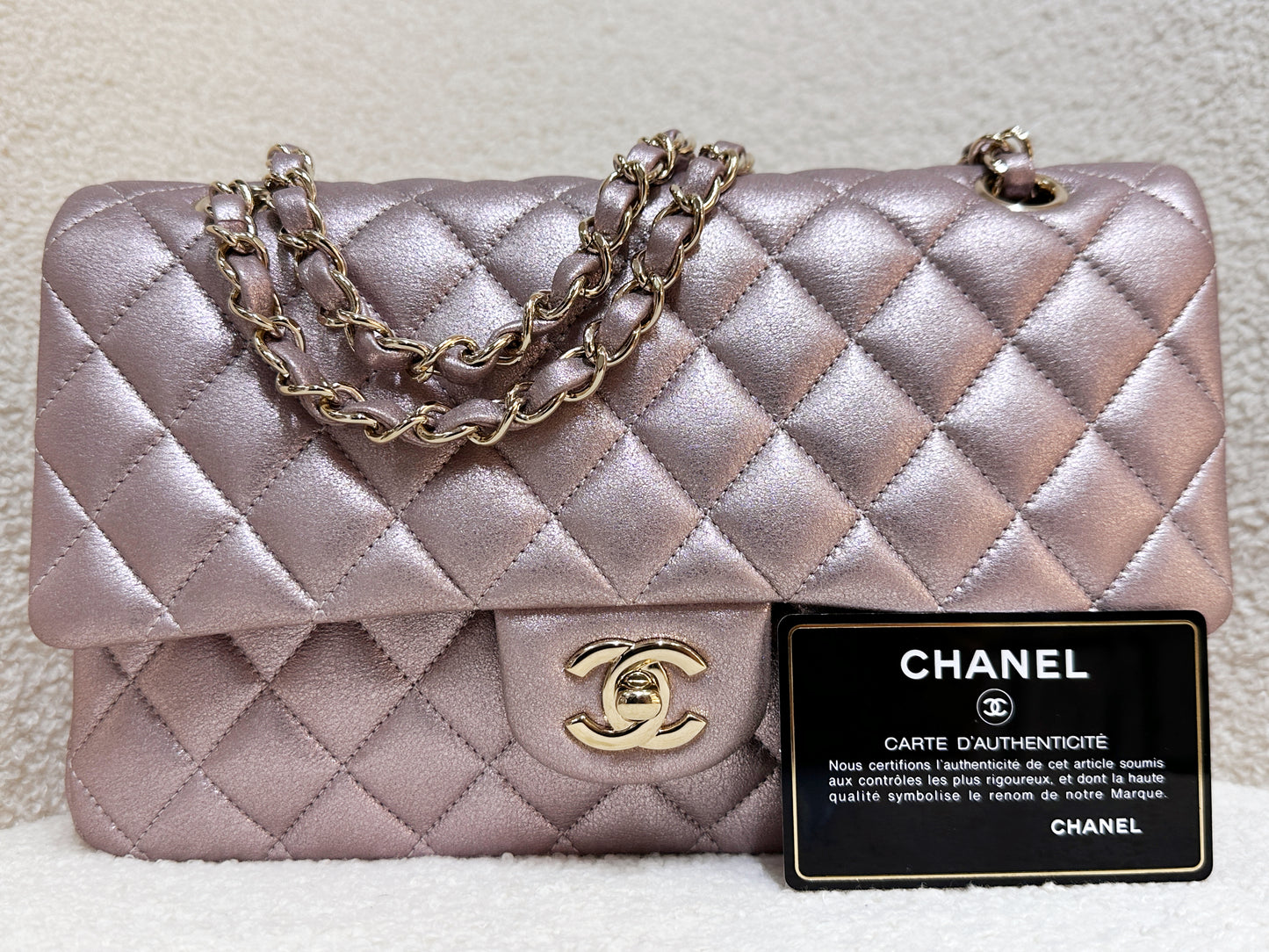 Chanel Classic Quilted Medium Double Flap Iridescent Pink (Calfskin)LGHW 1998 holo card