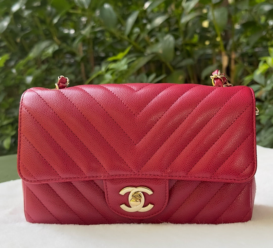 Chanel Mini Rectangle Chevron Red Caviar with GHW