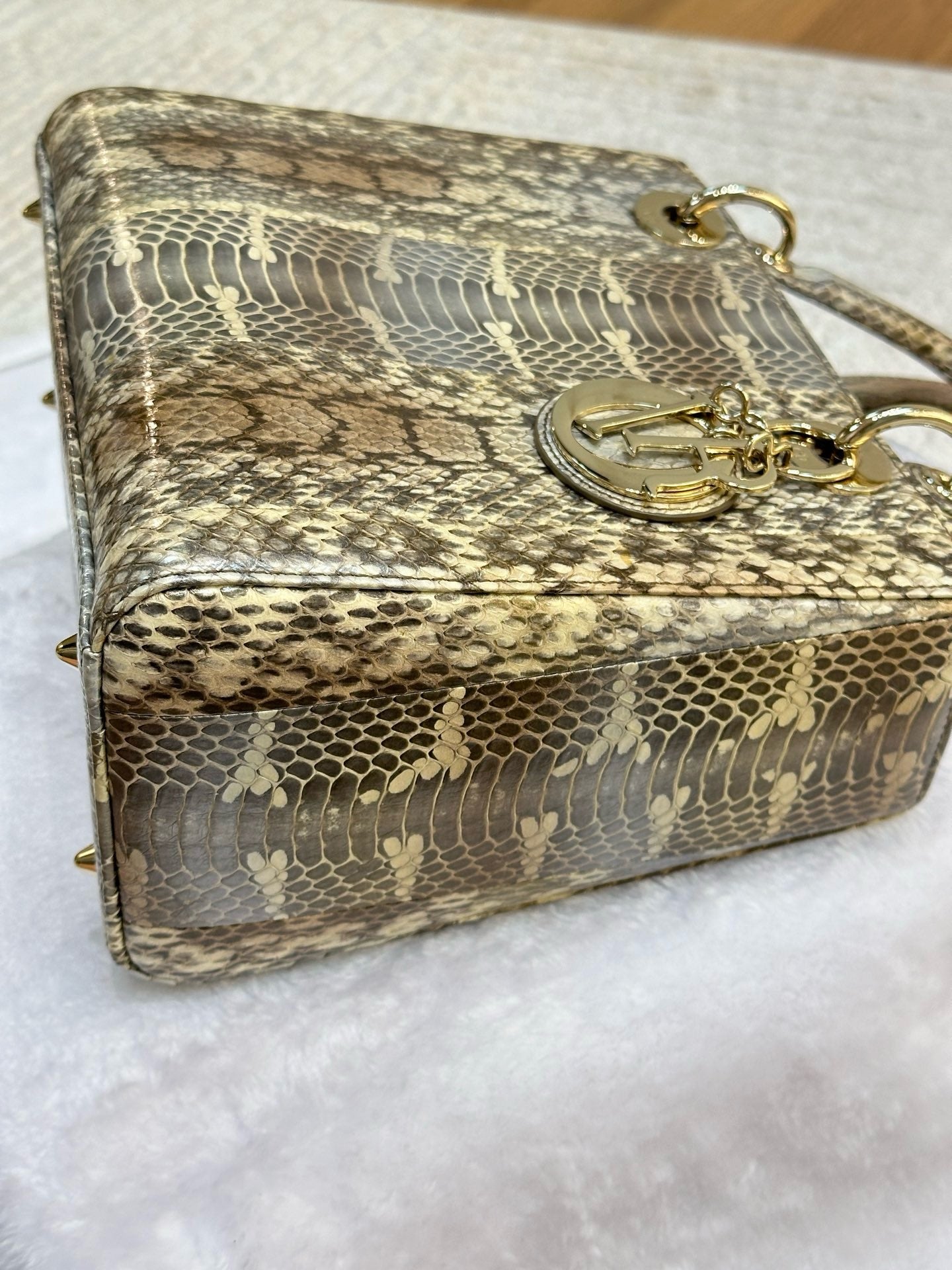 Christian Dior Medium Bicolor Python Leather Lady Dior Flap Closure Bag