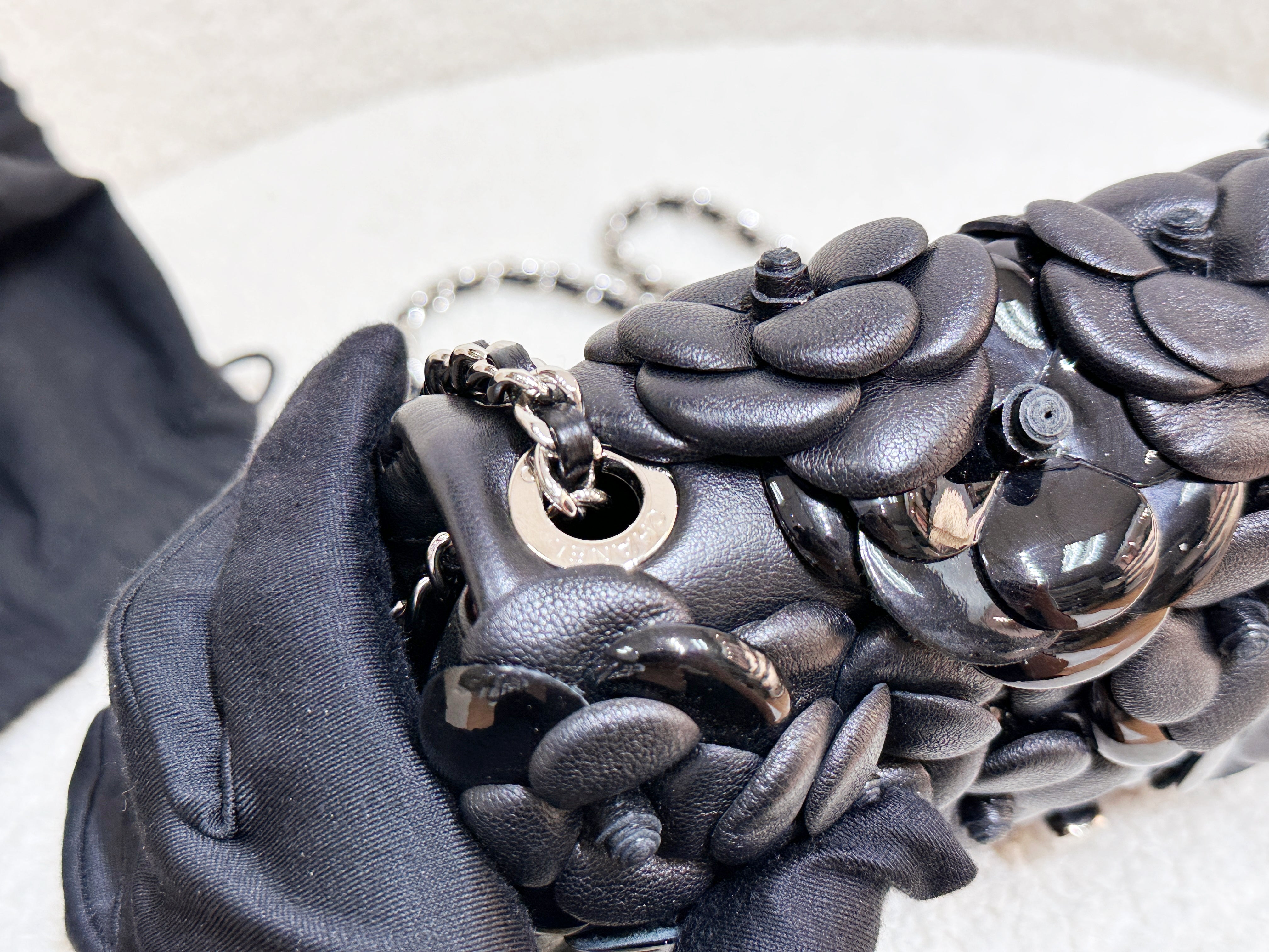 Chanel Mini Rectangular Camellia Flap Bag Black Lambskin and Patent Silver Hardware