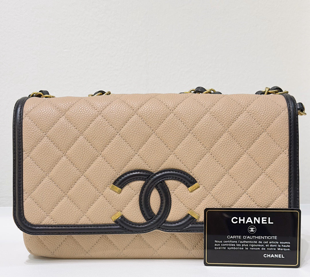 Chanel Medium Caviar Quilted CC Filigree Flap Beige Black