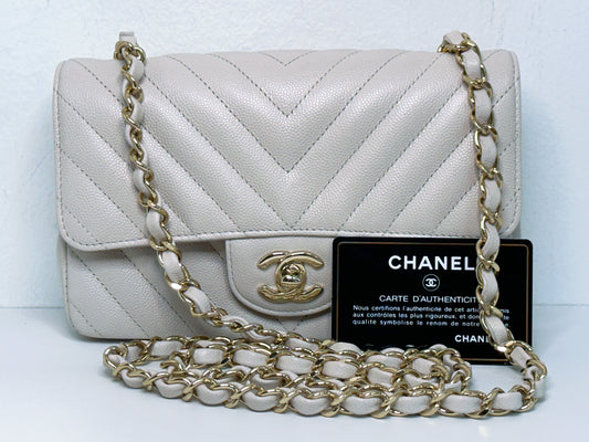 Chanel Mini Rectangle Chevron Blush Hue Light Beige Flap Bag LGHW