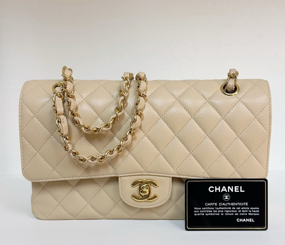 Chanel Medium Beige Classic Caviar Double Flap Bag GHW 1598 holo card