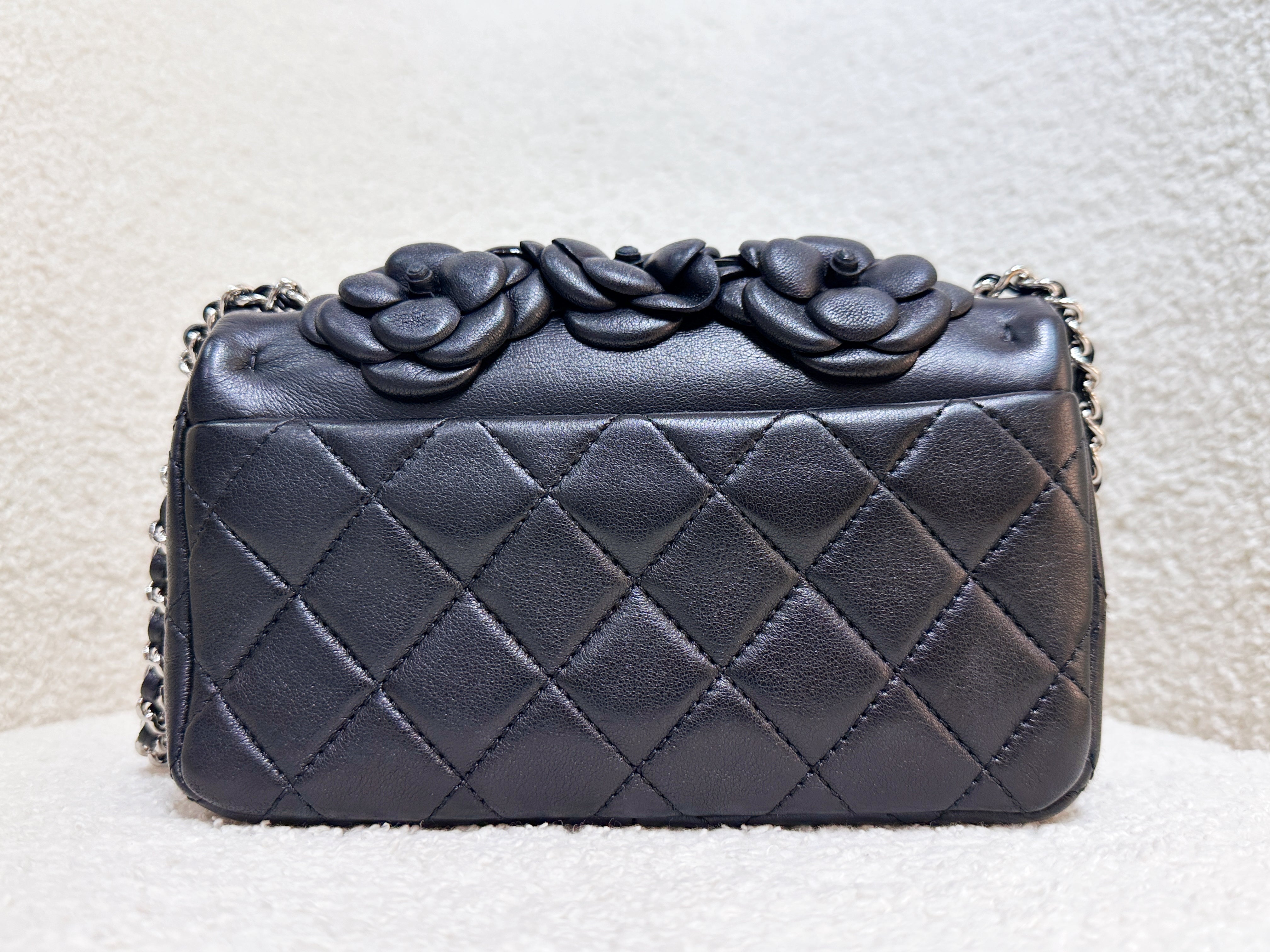 Chanel Mini Rectangular Camellia Flap Bag Black Lambskin and Patent Silver Hardware