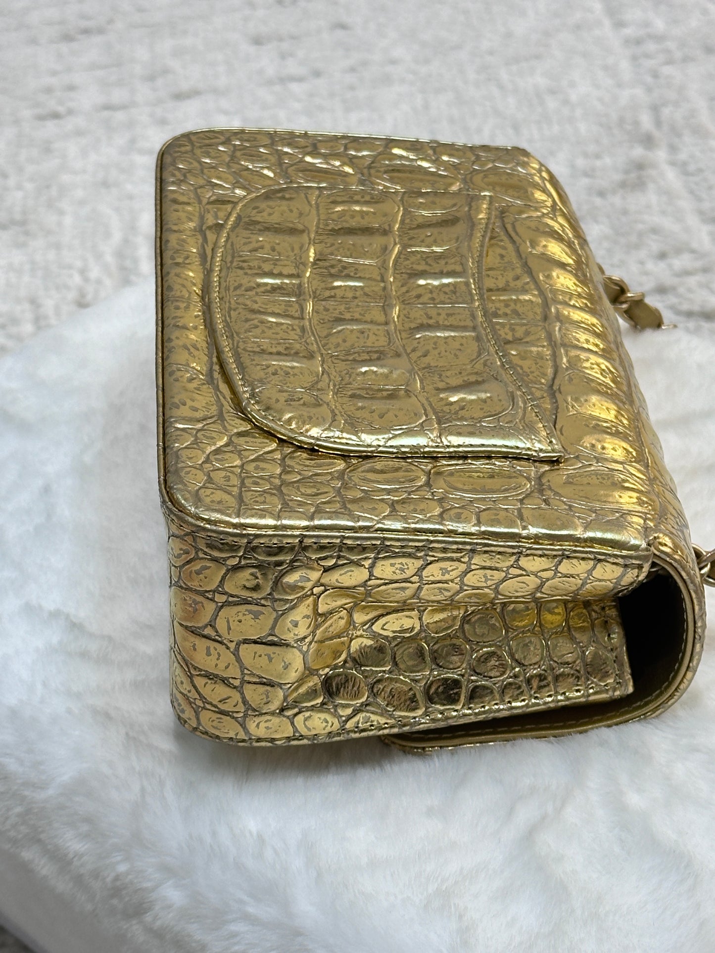 Chanel Mini Calfskin Crocodile Embossed Rectangular Gold Metallic Flap Bag