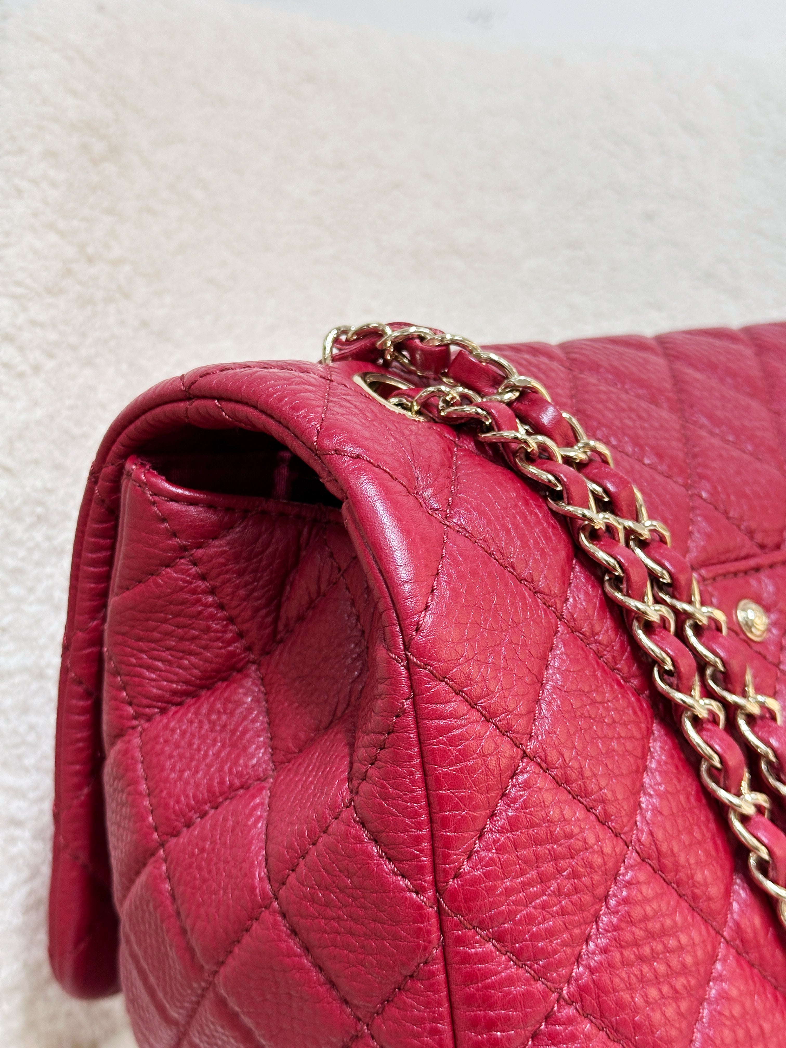 Chanel Red Grained Calfskin XL Small Travel Flap Bag Light Gold Hardware