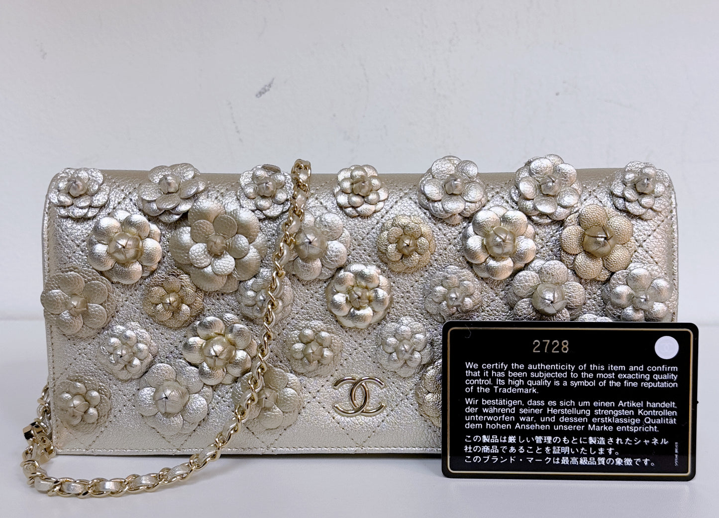 Gold Camellia Embellished Chain Clutch GHW 2728 holo card