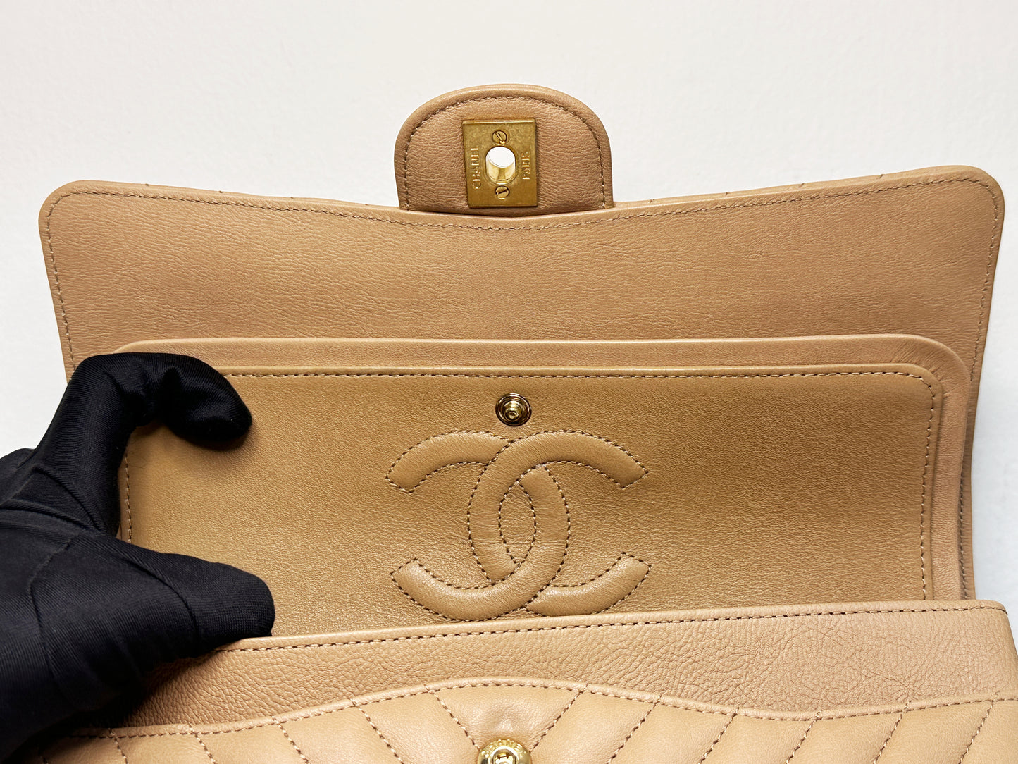 Chanel Calfskin Chevron Quilted Medium Double Flap Beige 2383 holo card