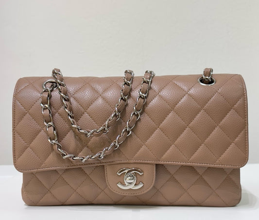 Chanel Medium Classic Caviar Double Flap Taupe SHW