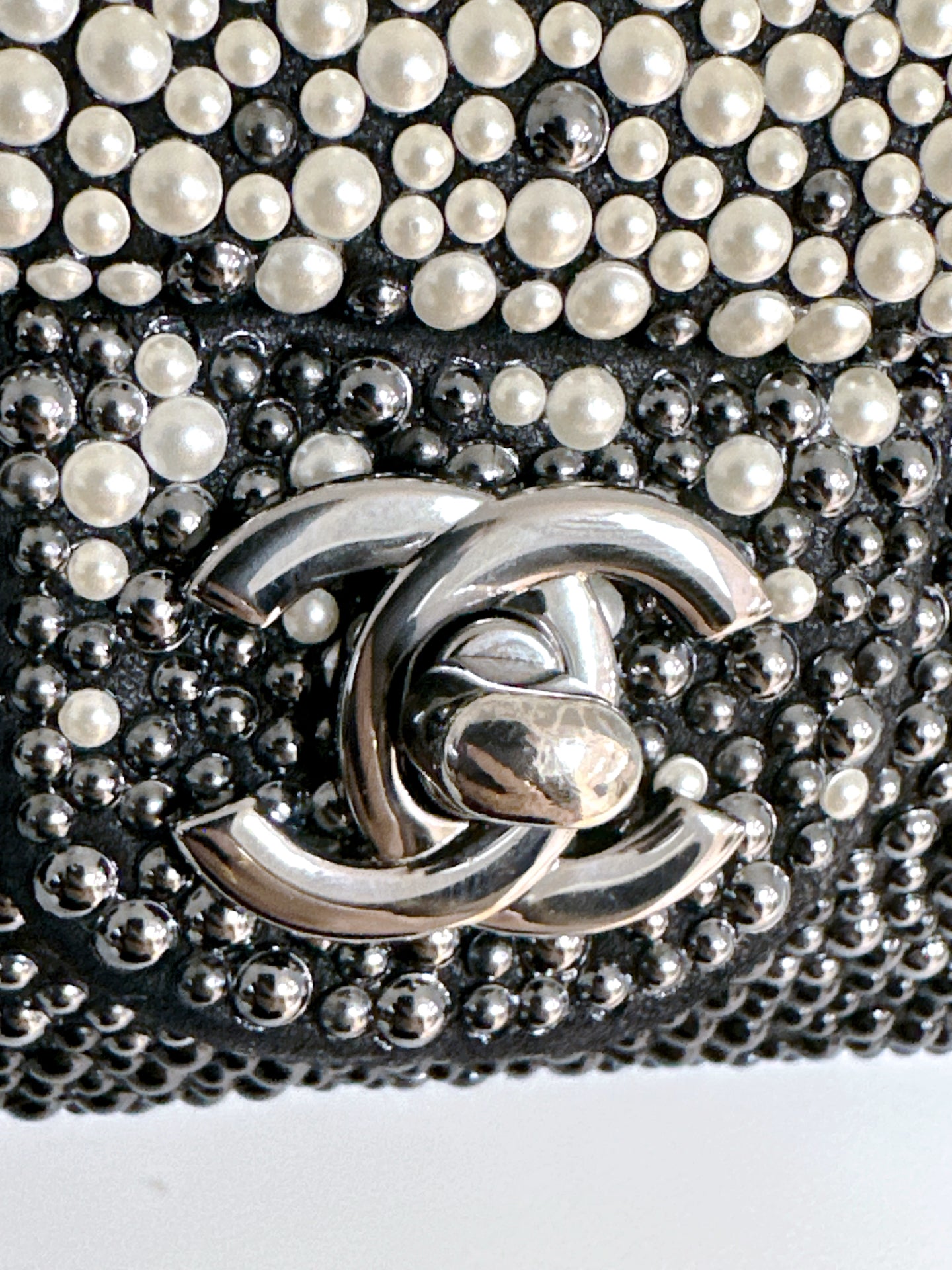 White, Grey and Black Imitation Pearls and Beads and Calfskin Embellished CC MiniClassic Single Flap Ruthenium Hardware, 2014