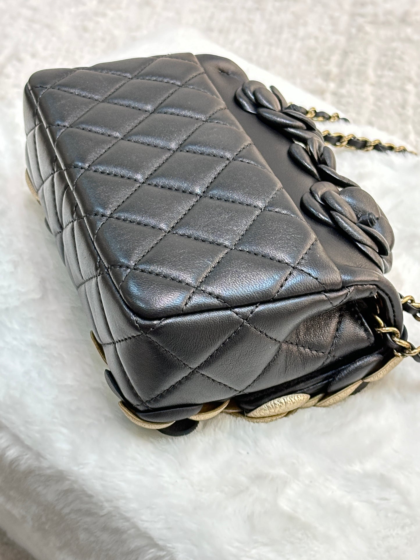 Chanel Mini Metallic Lambskin Quilted Camellia Flap  Bag Black Gold