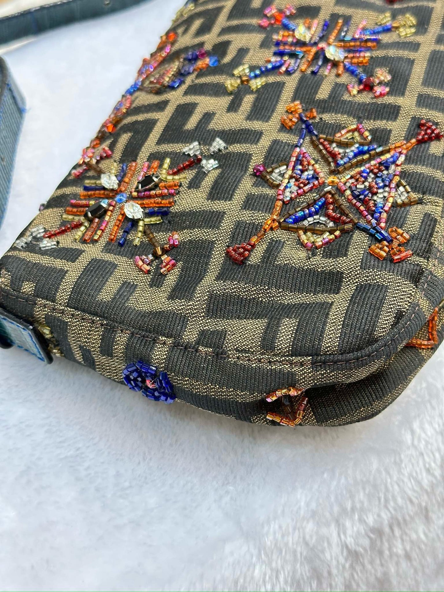 Fendi Baguette Zucca Monogram with Beaded Floral Embroidery SHW