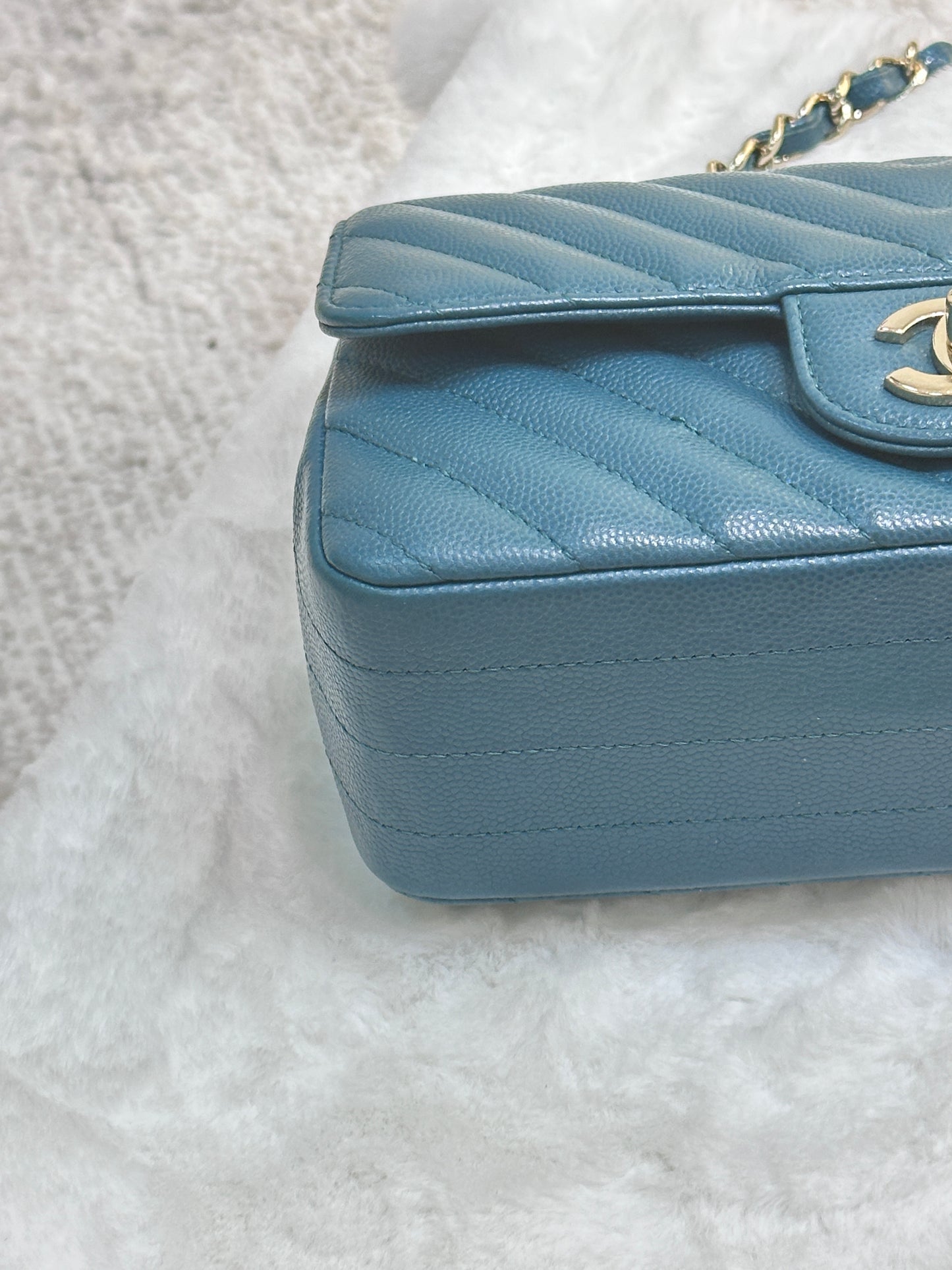 Chanel Mini Caviar Rectangular Chevron Turquoise Green GHW