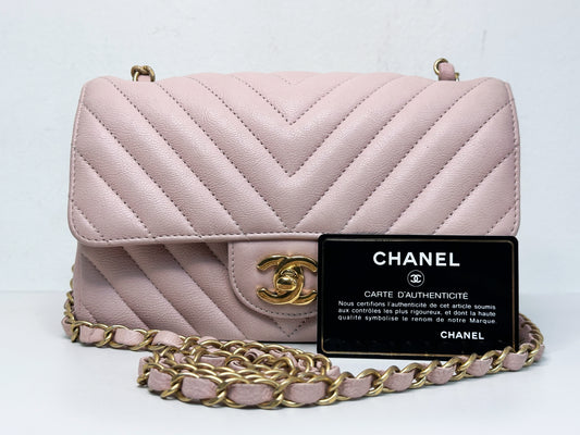 Chanel Classic Mini Rectangular 17C Light Pink Chevron Calfskin with brushed gold hardware ⁣⁣2383 holo card