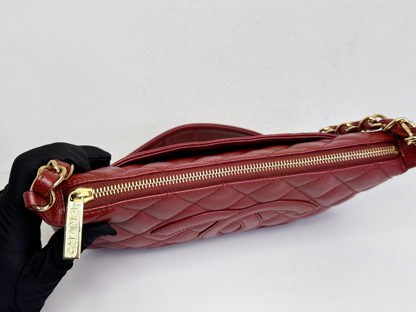 Chanel Small Caviar Quilted Pochette Shoulder Bag Red GHW