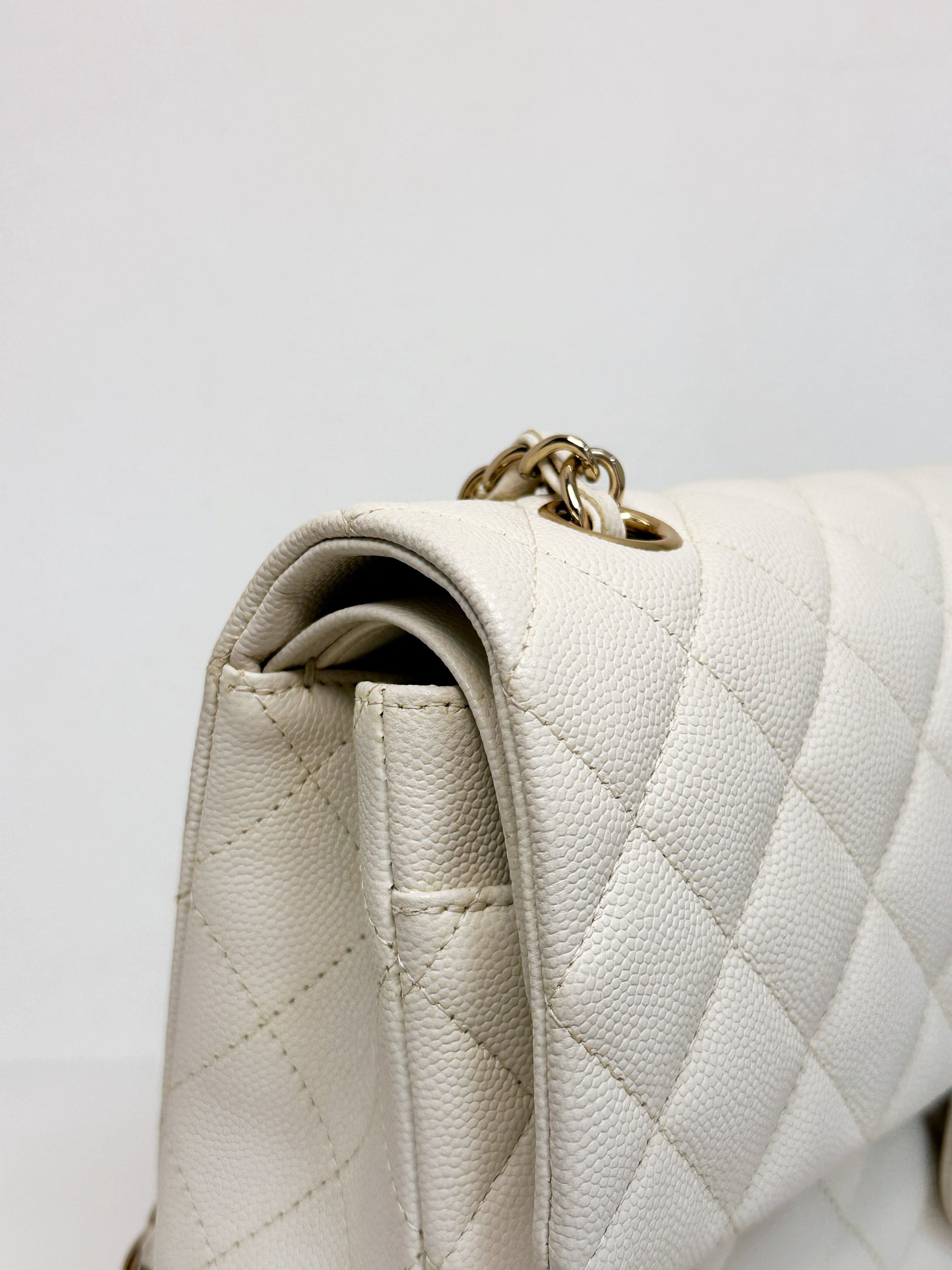 Chanel Medium Caviar Classic Quilted Double Flap White Light Beige Bag LGHW L45J microchip