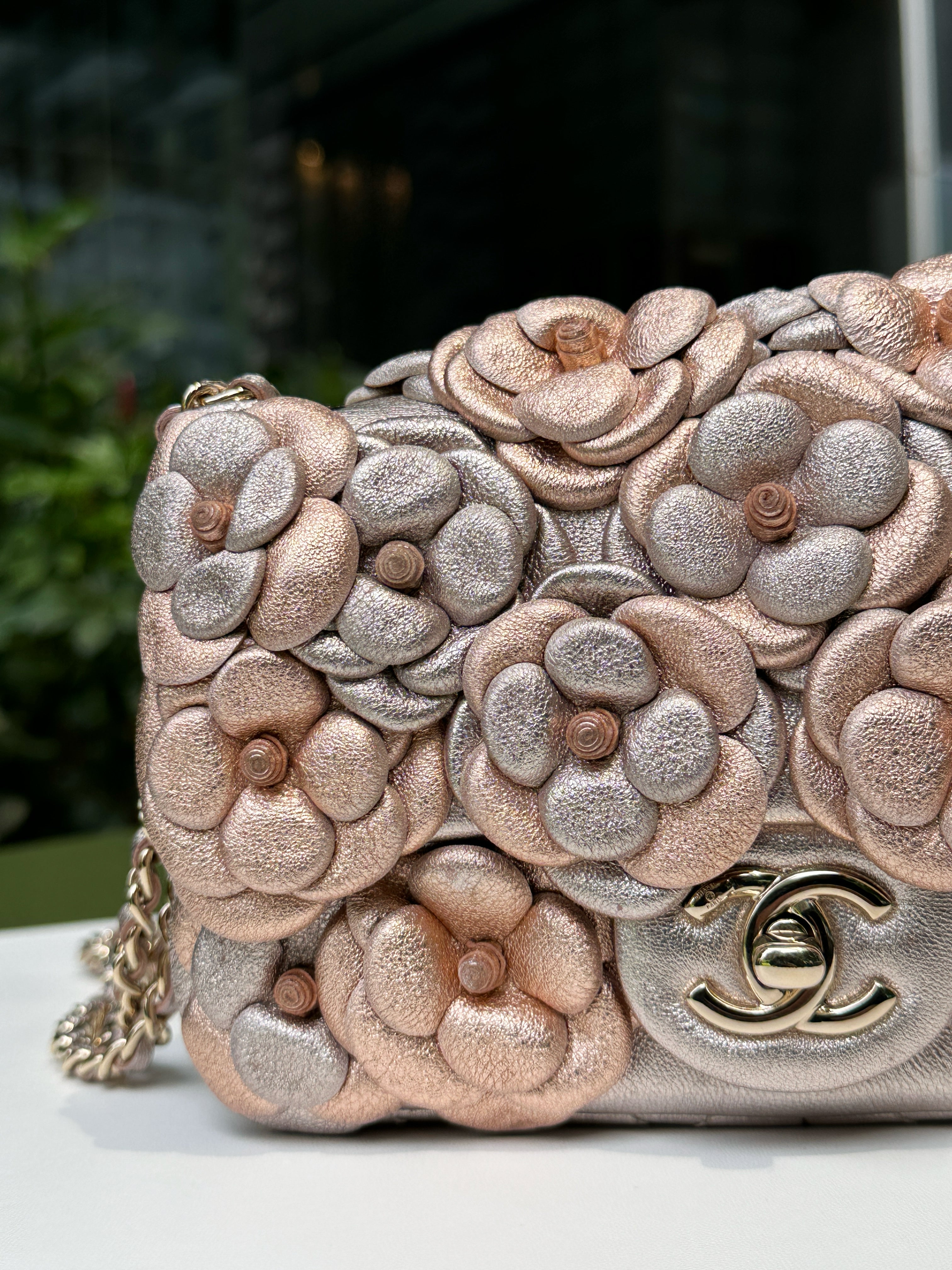 Chanel Camellia Mini Metallic Rose Gold/Pink Lambskin Gold Hardware 2078 holo card