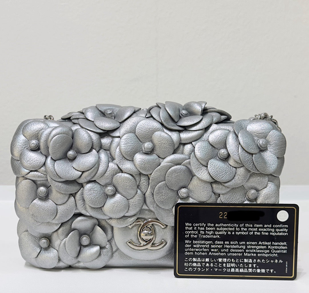 Chanel Mini Camellia Lambskin Shiny Silver SHW