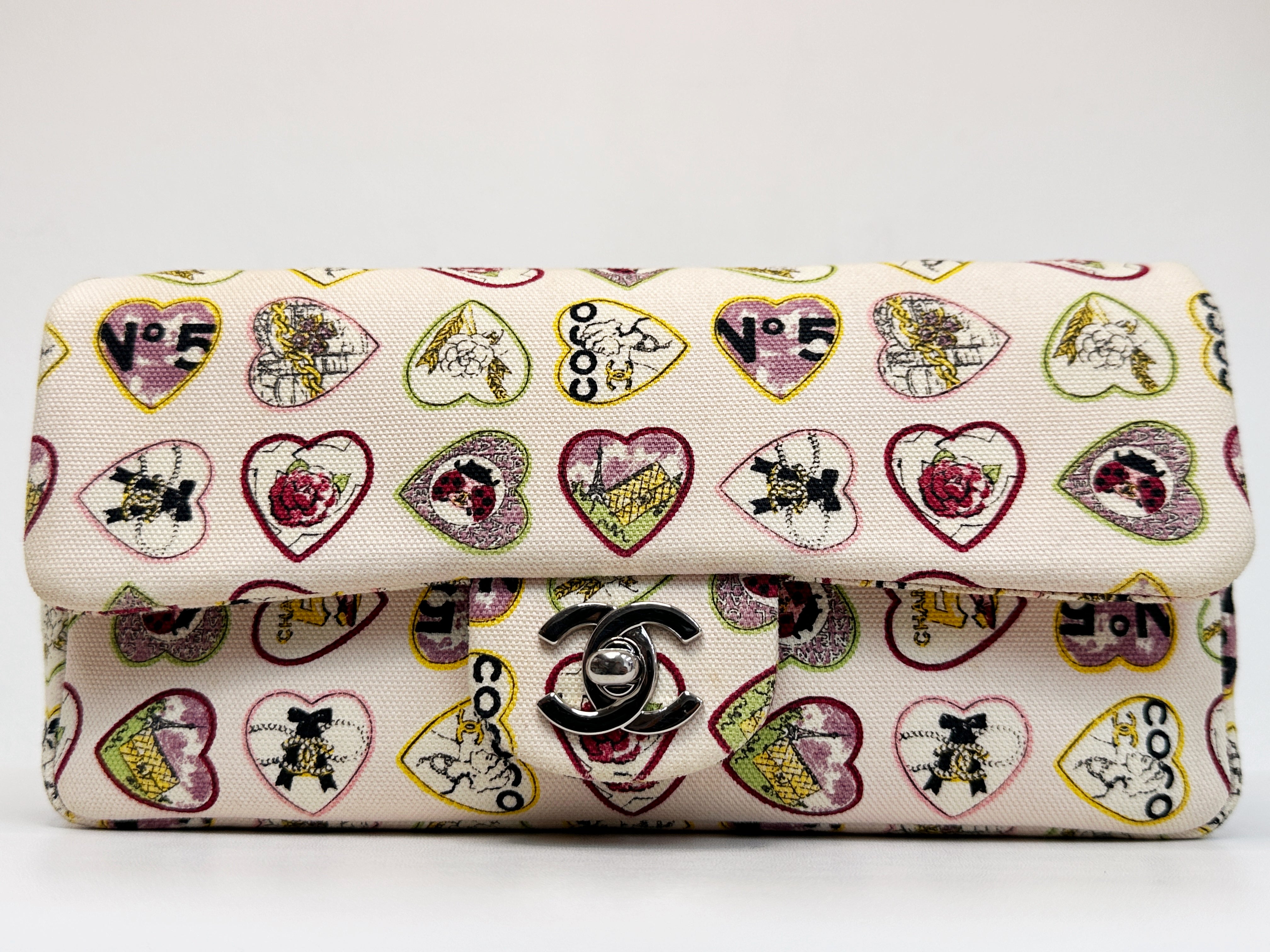 Chanel Valentine Coco Heart Motif Printed Pink Canvas East West Flap Bag 1064 holo