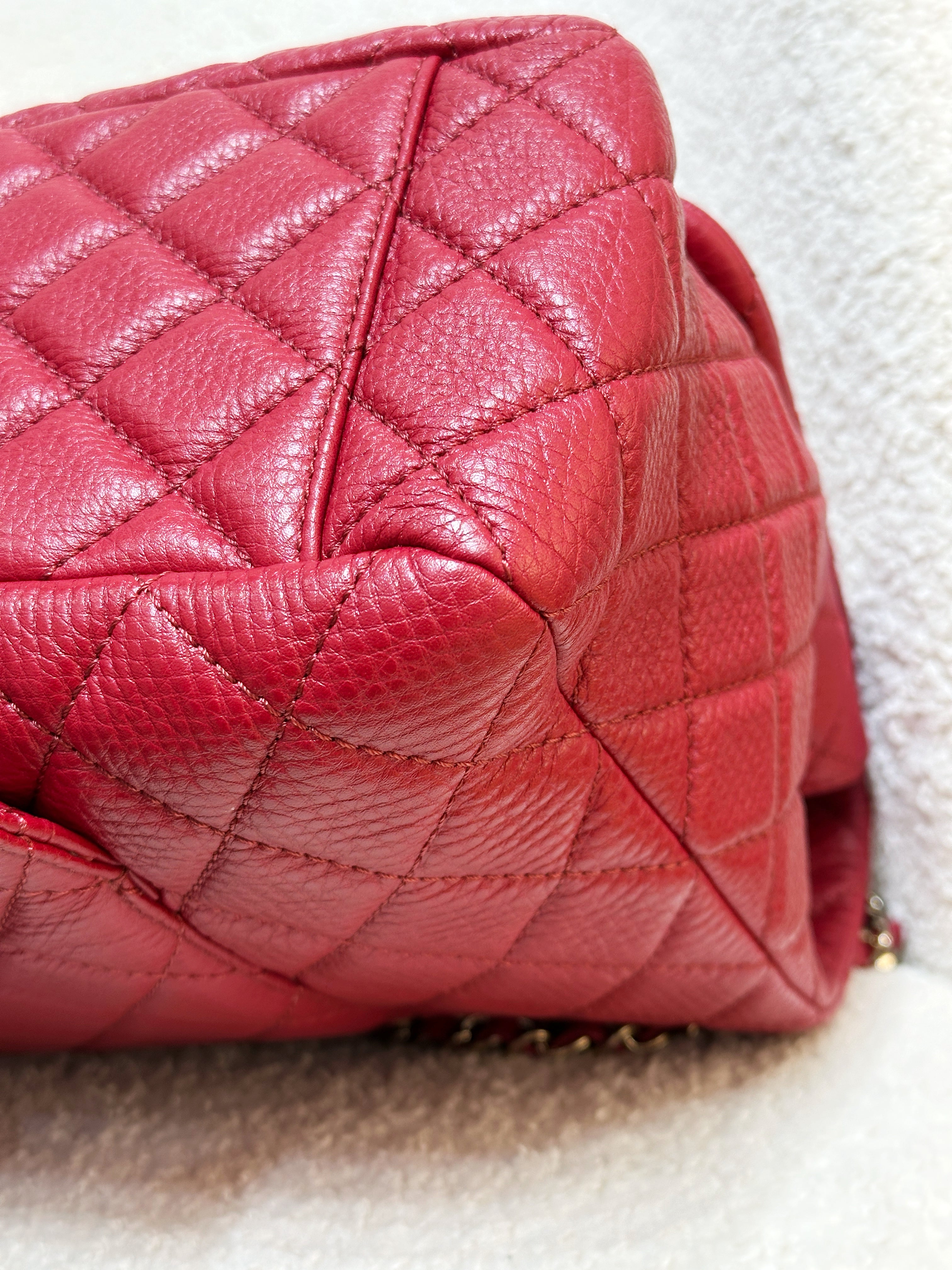 Chanel Red Grained Calfskin XL Small Travel Flap Bag Light Gold Hardware