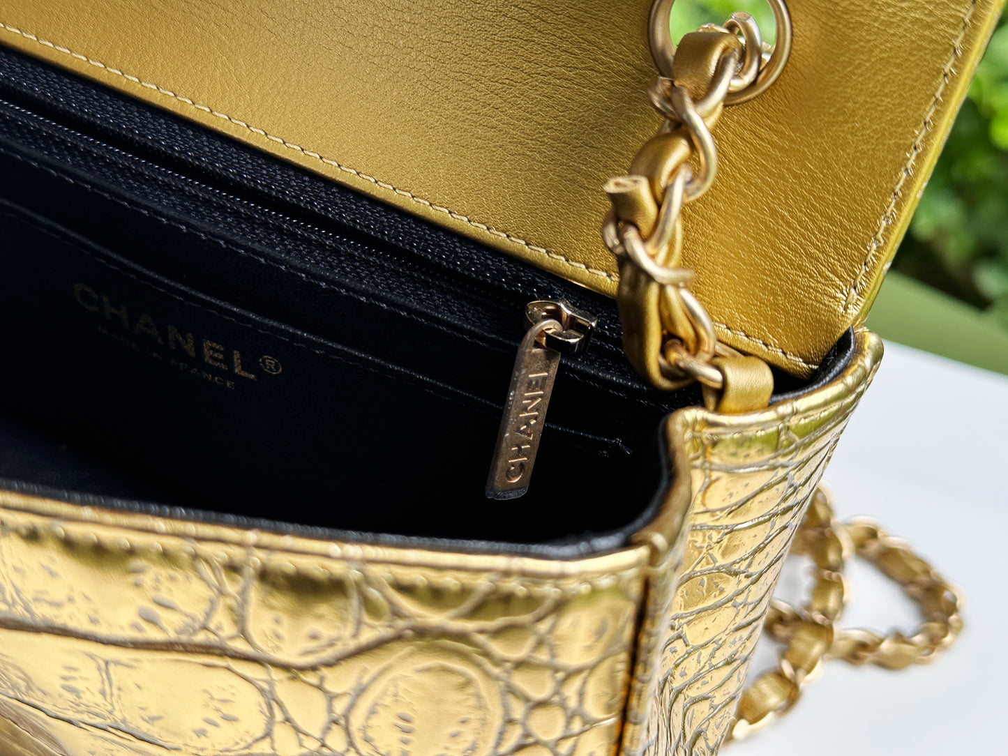 Chanel Mini Calfskin Crocodile Embossed Rectangular Gold Metallic Flap Bag 2803 holo card