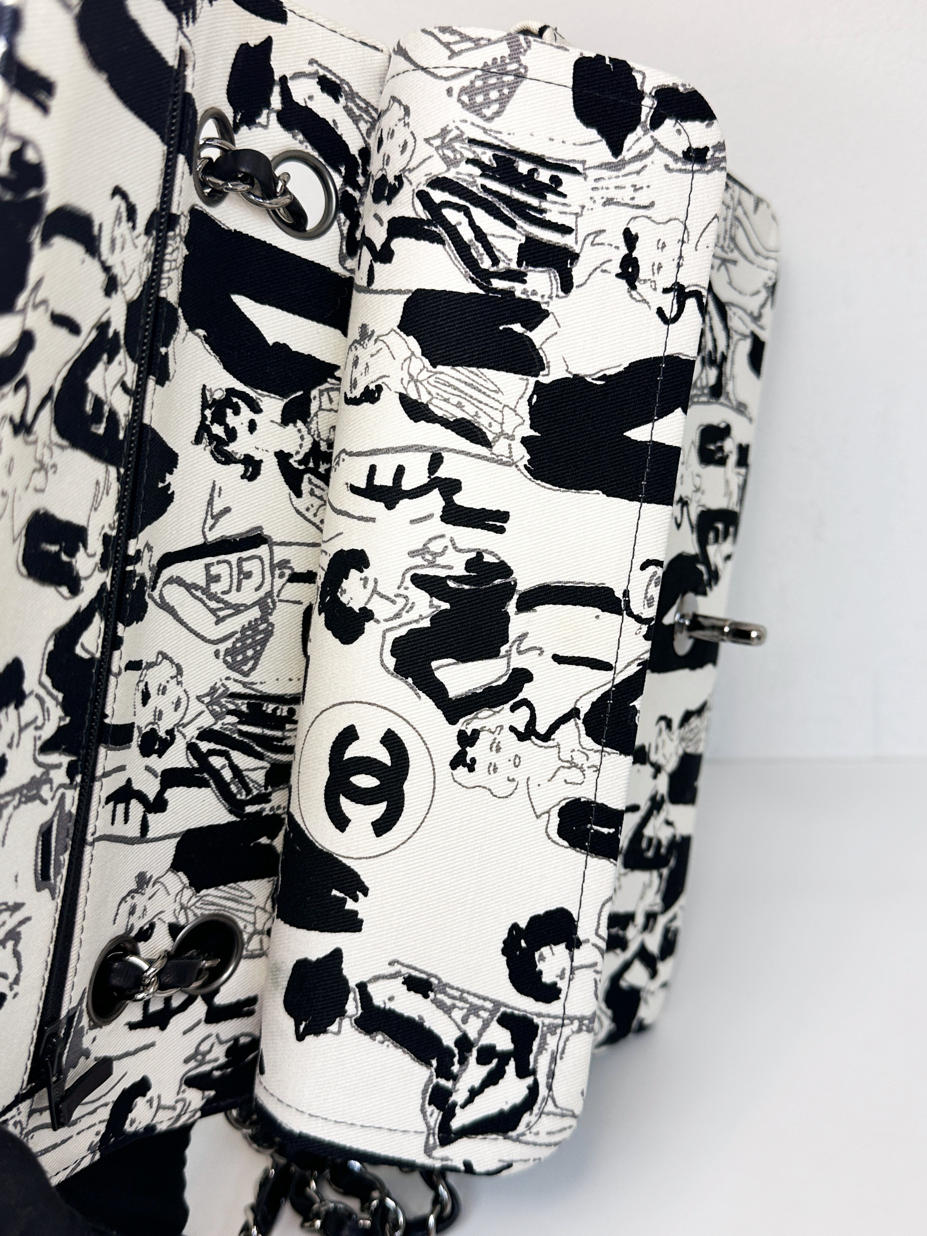 Chanel Canvas Coco Icons Medium Double Flap Bag Black White 827 holo card