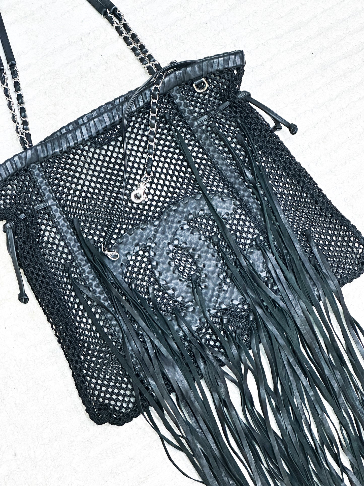Chanel Limited Edition Resort 2011 Black Fringe Mesh Tote Bag 1373 holo card
