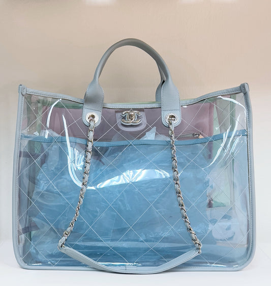 Chanel Lambskin PVC Quilted Medium Coco Splash Shopping Bag Blue Green Pink 2562 holo card