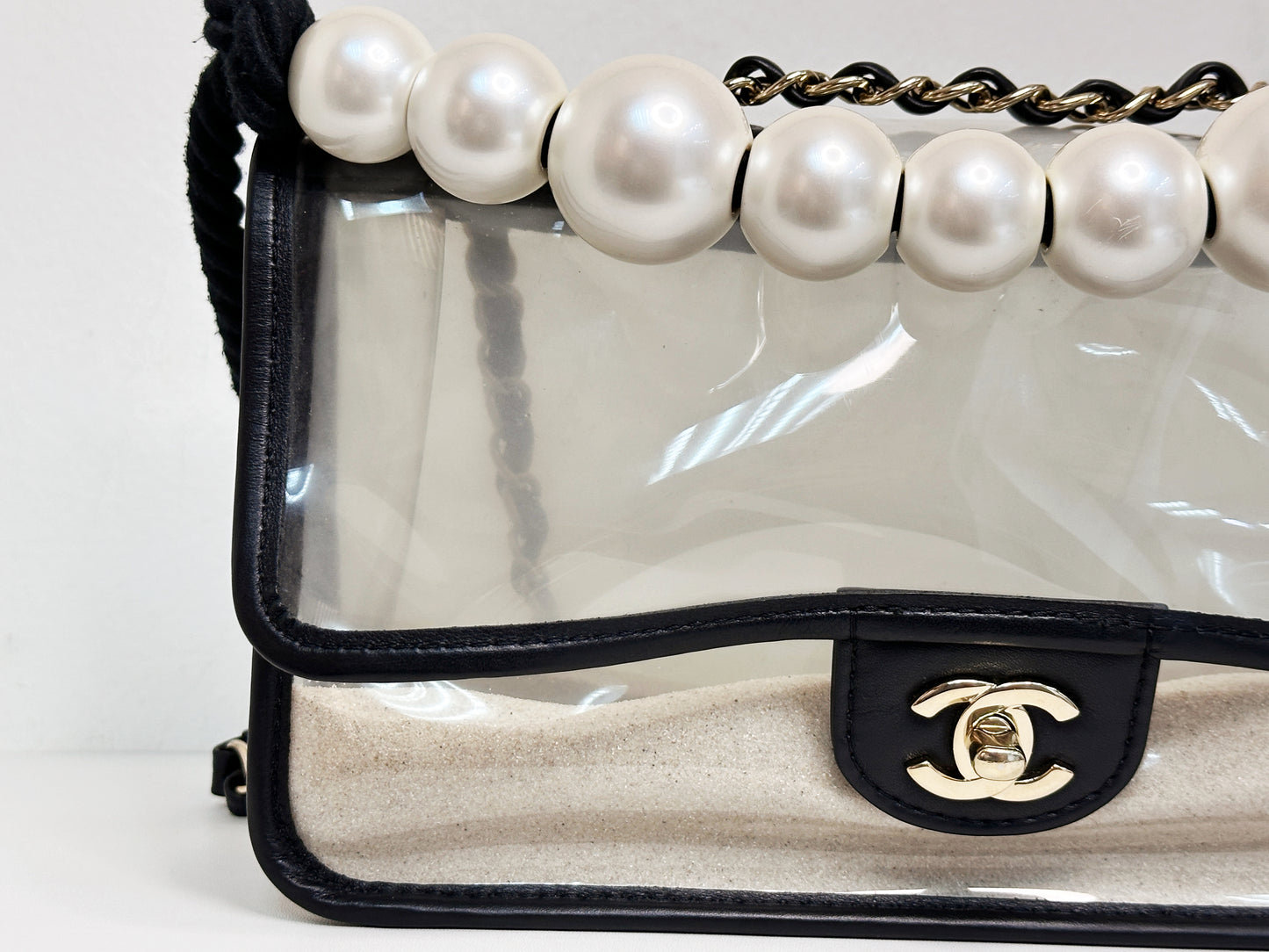 Chanel Medium Lambskin CoCo Sand PVC Sand By The Sea Flap With Pearl Strap Black 274 holo card