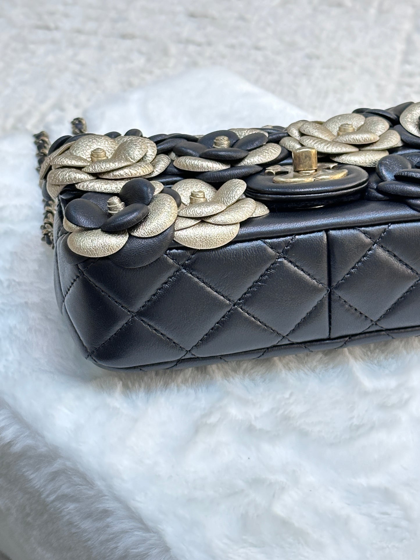 Chanel Mini Metallic Lambskin Quilted Camellia Flap  Bag Black Gold