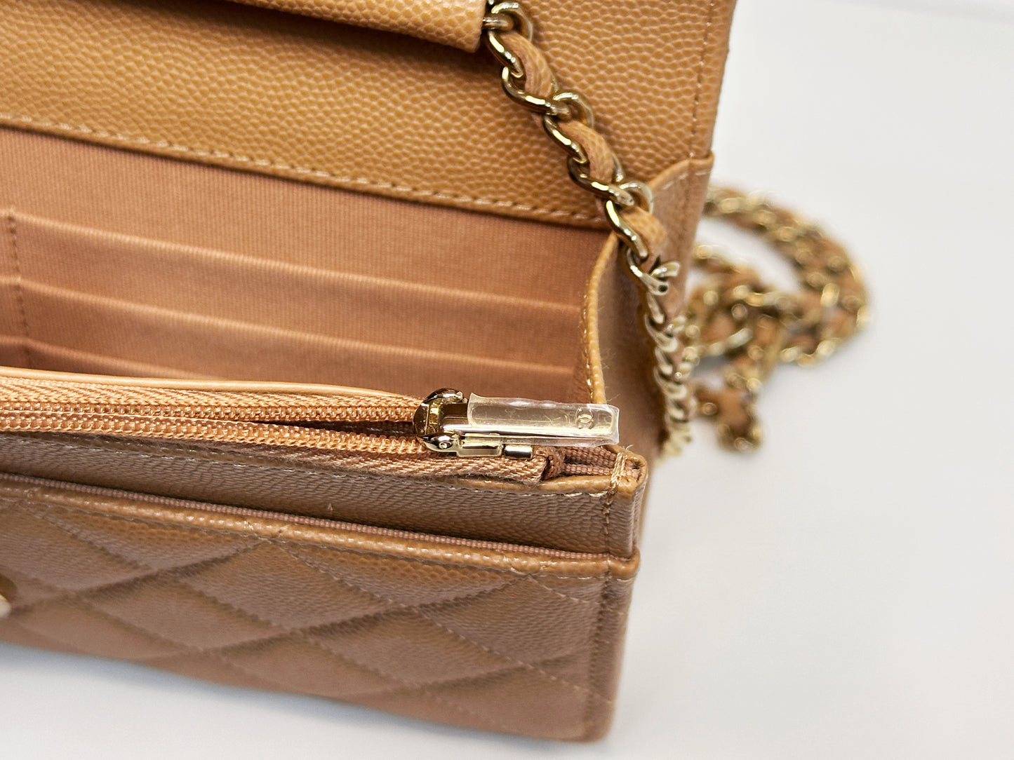 Chanel 23P Caramel Dark Beige Caviar Classic Quilted Wallet on chain LGHW UK27 microchip