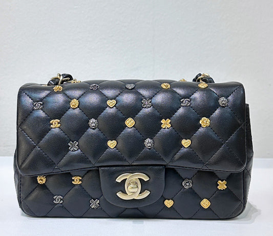 Chanel Mini Rectangular Lambskin Quilted Studded Flap Black