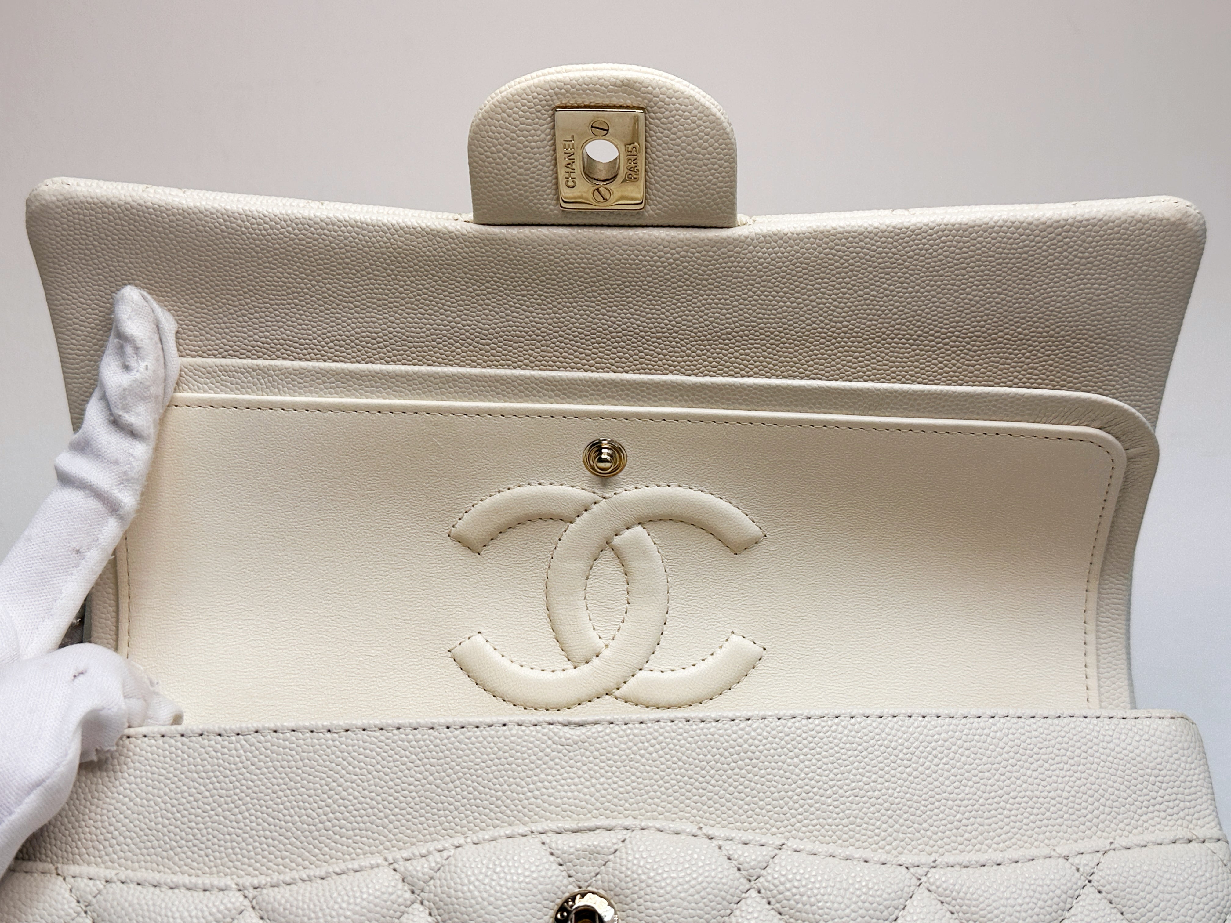 Chanel Medium Caviar Classic Quilted Double Flap White Light Beige Bag LGHW L45J microchip