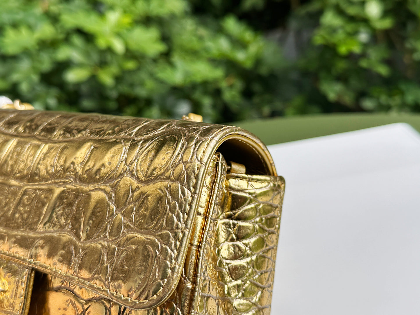 Chanel Mini Calfskin Crocodile Embossed Rectangular Gold Metallic Flap Bag 2803 holo card
