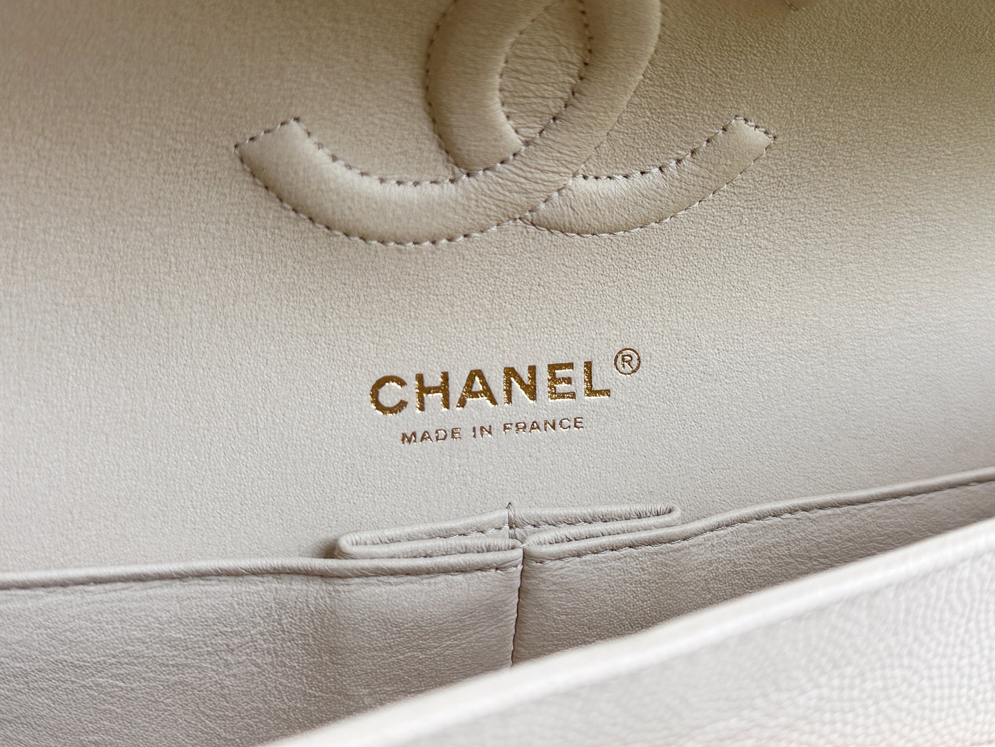 Chanel Medium Caviar Classic Quilted Double Flap Ivory Light Beige Bag LGHW