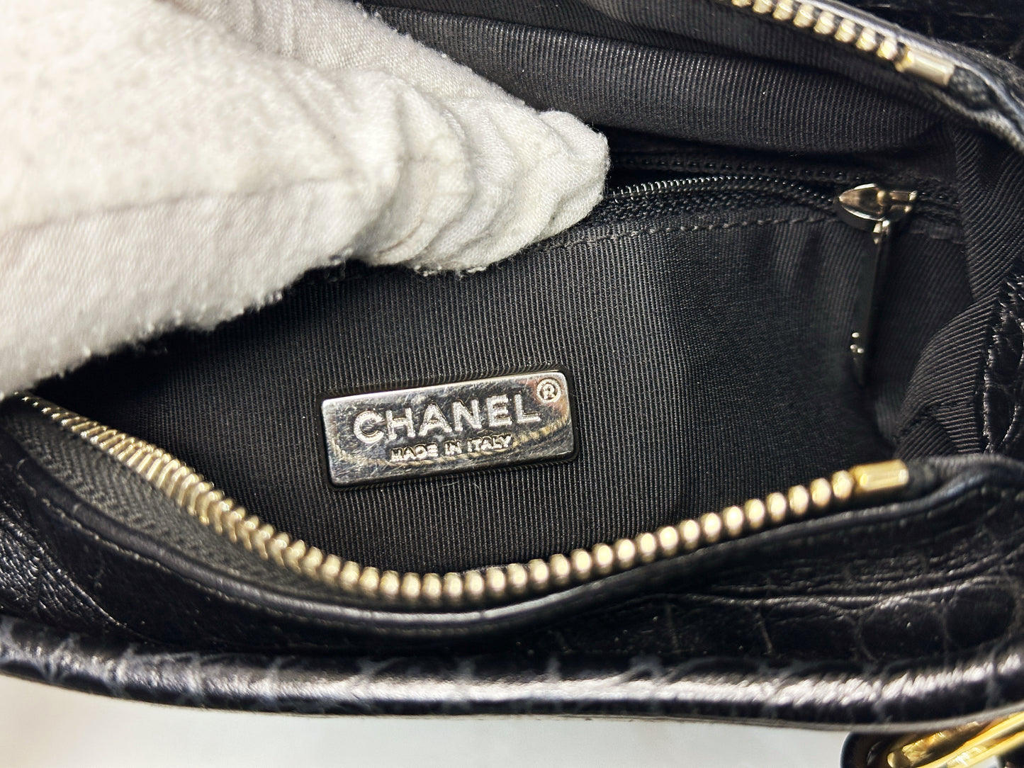 Chanel Small Gabrielle Hobo Bag Crocodile Embossed Calfskin Black 2822 holo card