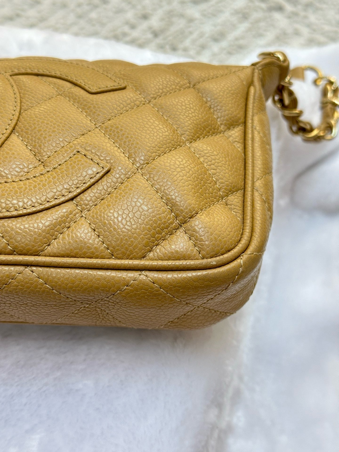 Chanel Small Caviar Quilted Pochette Shoulder Bag Beige GHW