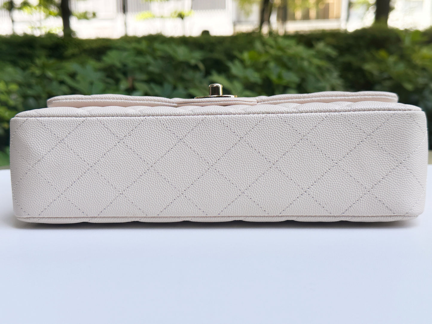 Chanel Medium Caviar Classic Quilted Double Flap Ivory Light Beige Bag LGHW