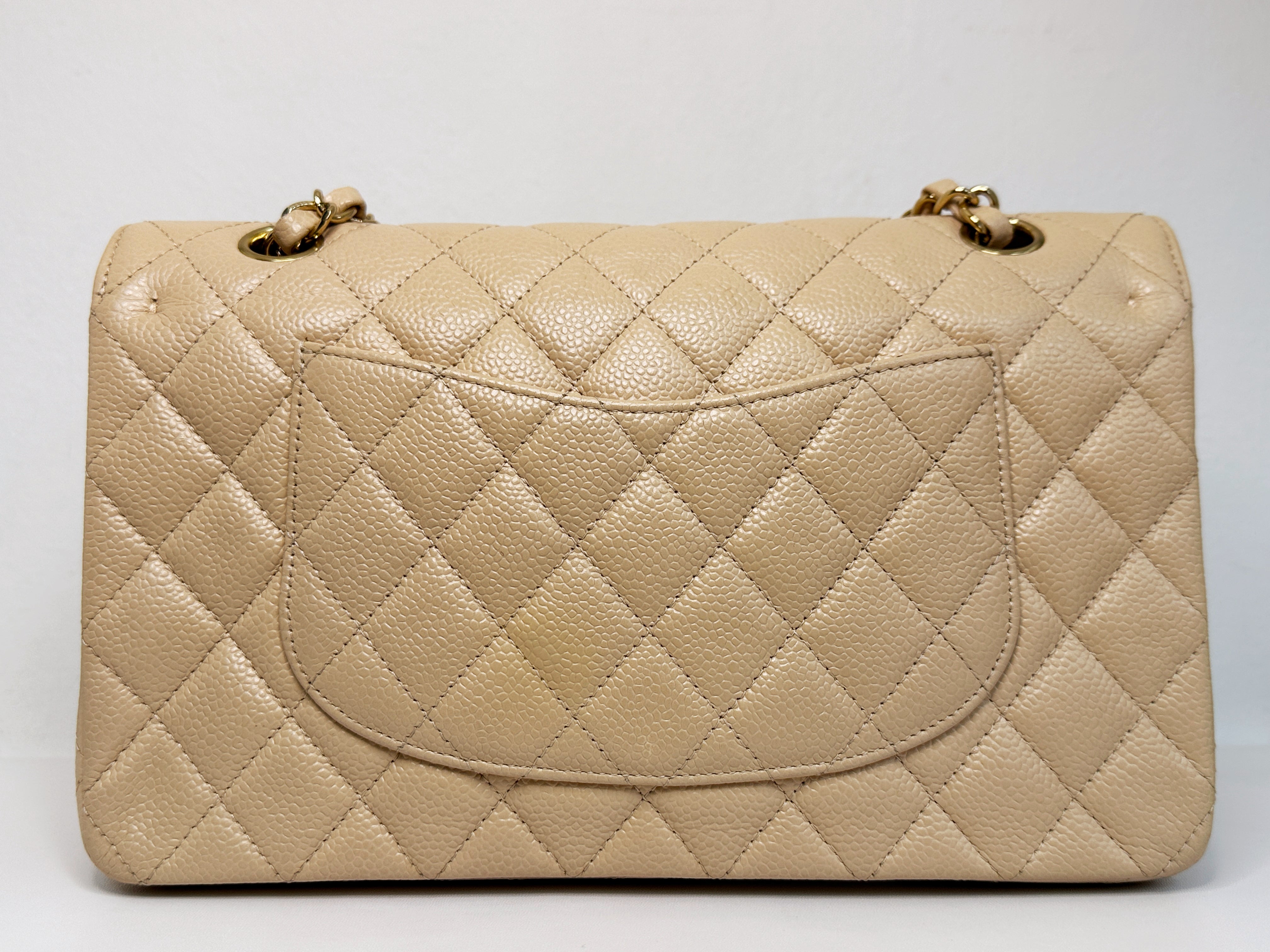 Chanel Medium Beige Classic Caviar Double Flap Bag GHW 2163 holo