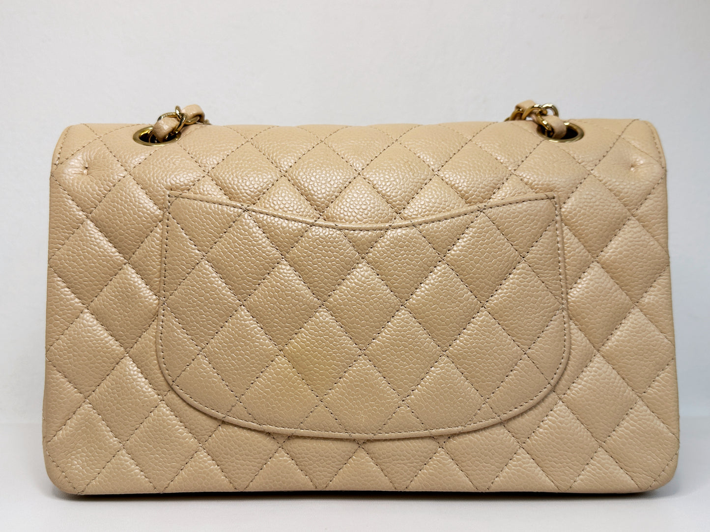 Chanel Medium Beige Classic Caviar Double Flap Bag GHW 2163 holo