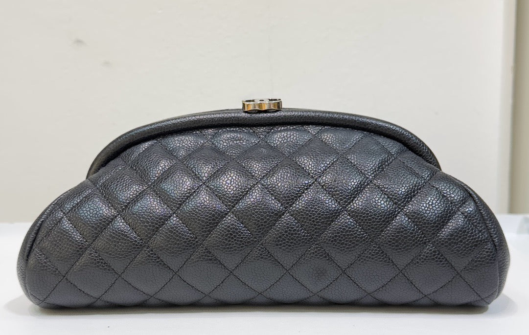 Chanel Quilted Timeless Kisslock Clutch Black Caviar SHW 1890 holo