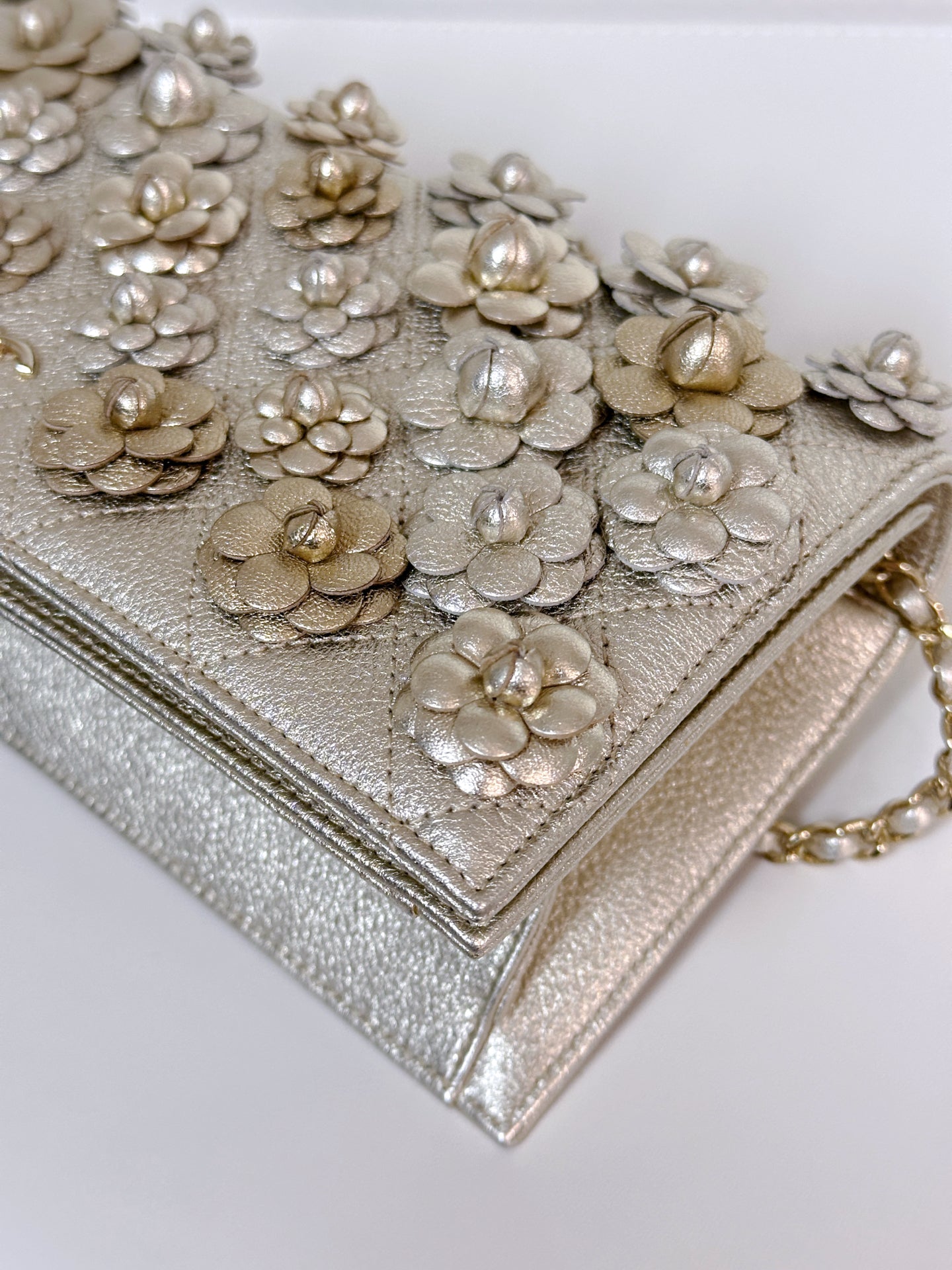 Gold Camellia Embellished Chain Clutch GHW 2728 holo card