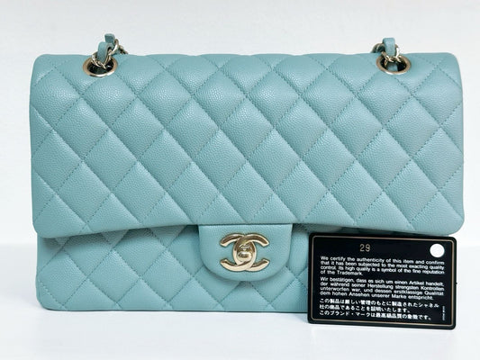 Chanel Classic Flap Medium 20C Tiffany Blue Caviar Light Gold Hardware 2943 holo card