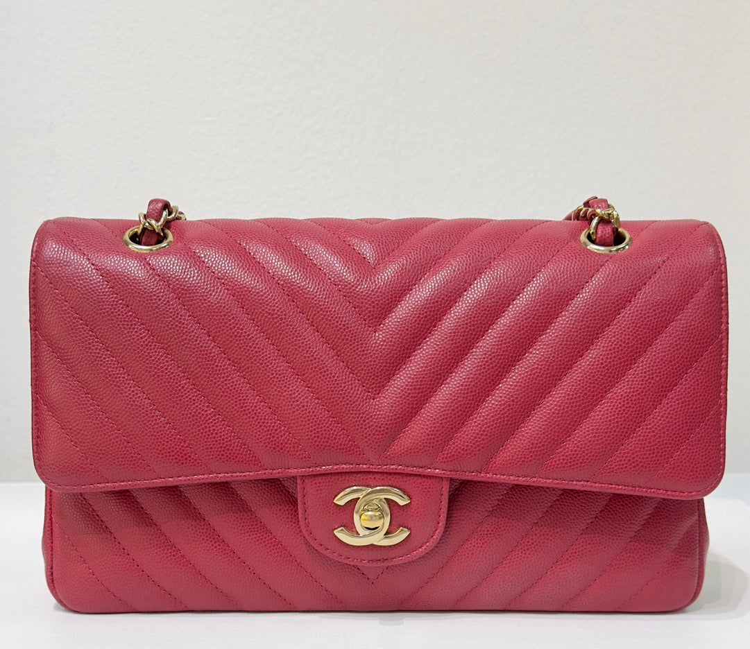 Chanel Medium Chevron Caviar Double Flap Red GHW